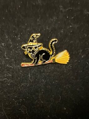 Black Cat Witch on Broom Halloween Enamel Pin